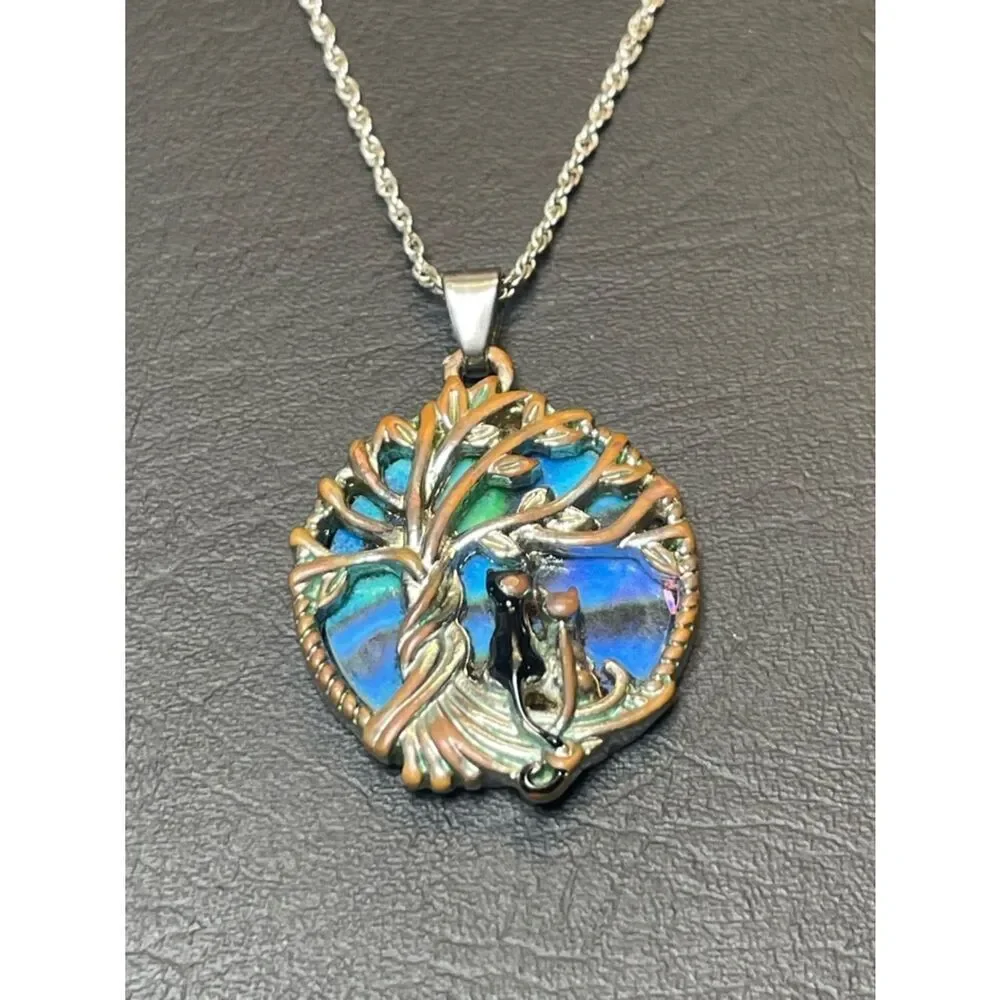 Tree of Life Silver Necklace with Blue-Green Enamel Pendant